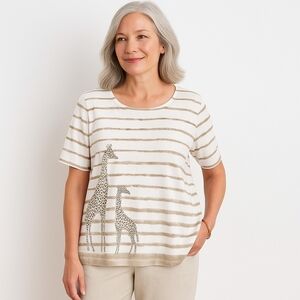 Samantha Grey Striped Embellished Giraffe Blouse Top Size L Neutral Resort Prep